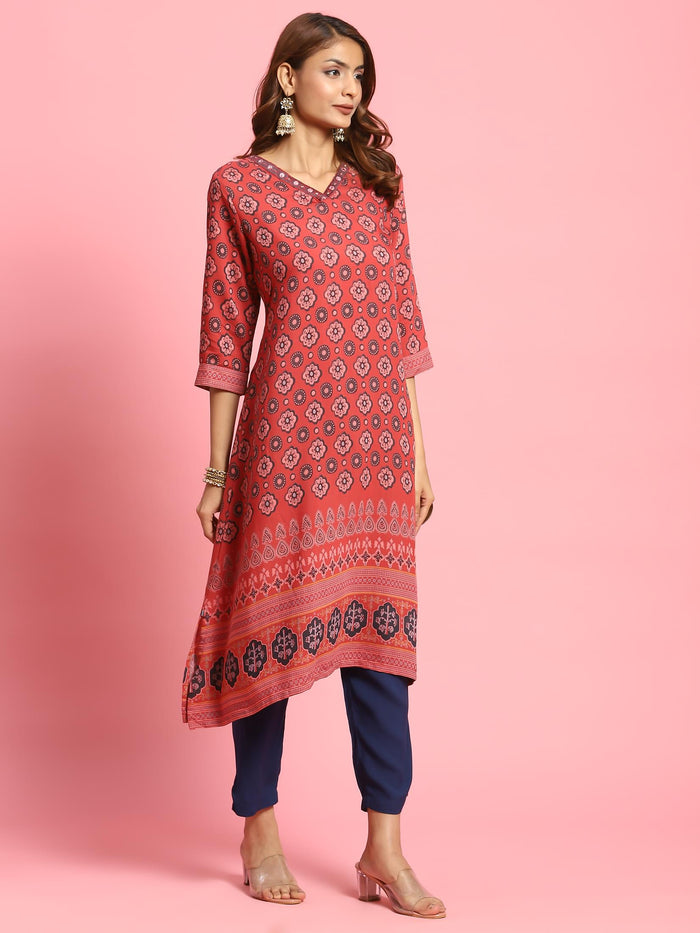 Women Red Butti Printed Kurta.