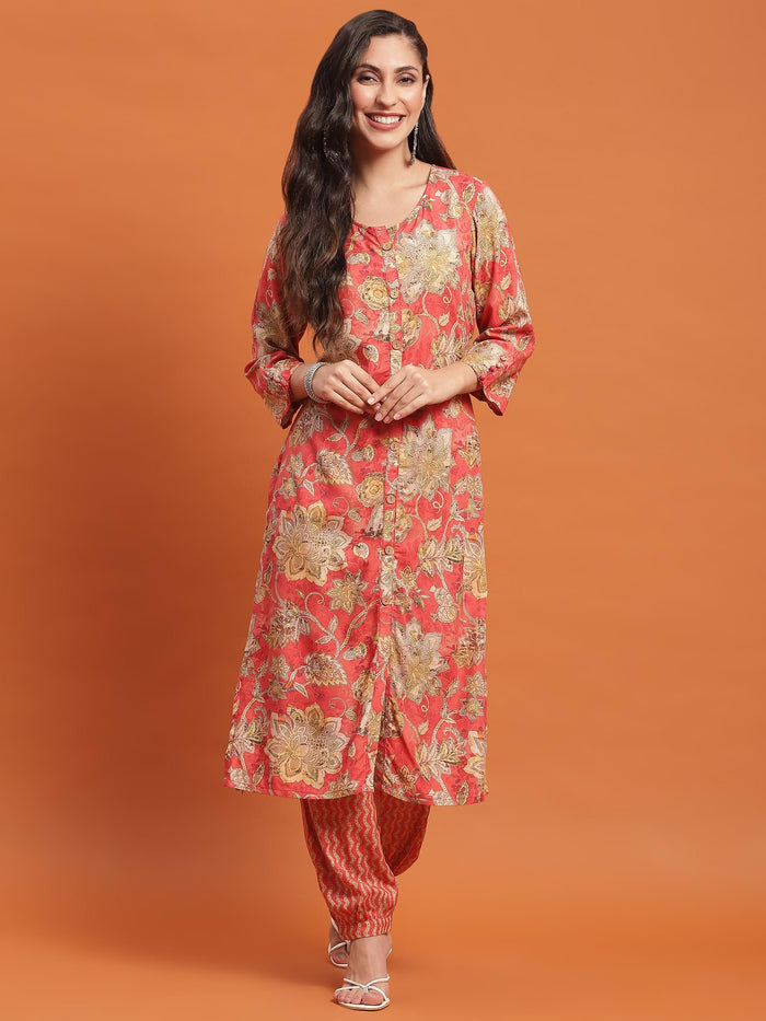 Women Red Floral Print Kurta With Harem Pant.