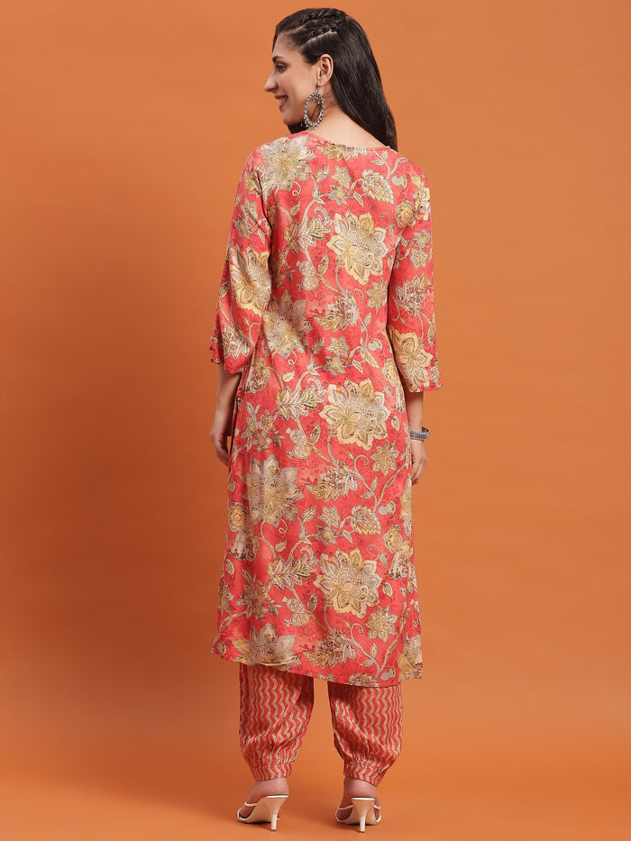 Women Red Floral Print Kurta With Harem Pant.