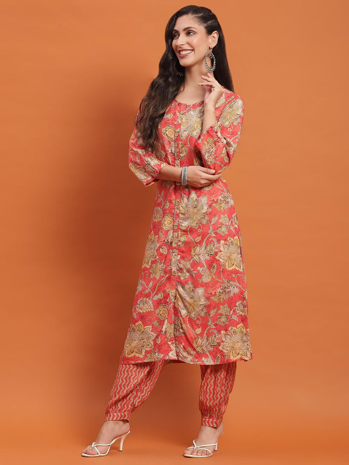 Women Red Floral Print Kurta With Harem Pant.