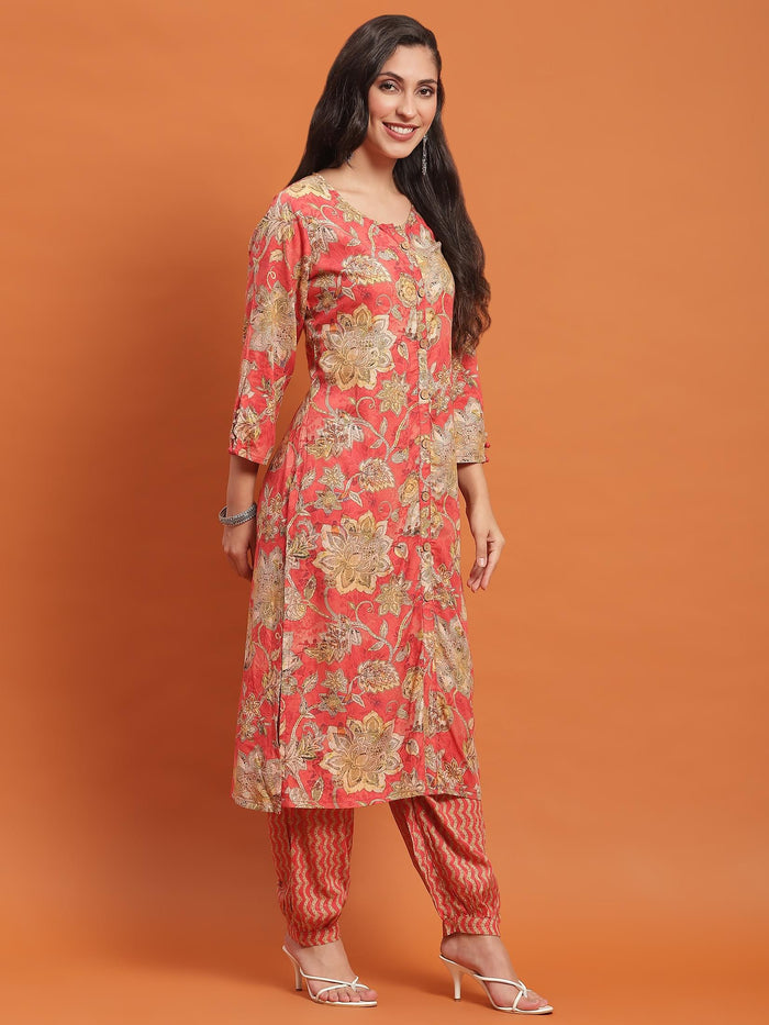 Women Red Floral Print Kurta With Harem Pant.