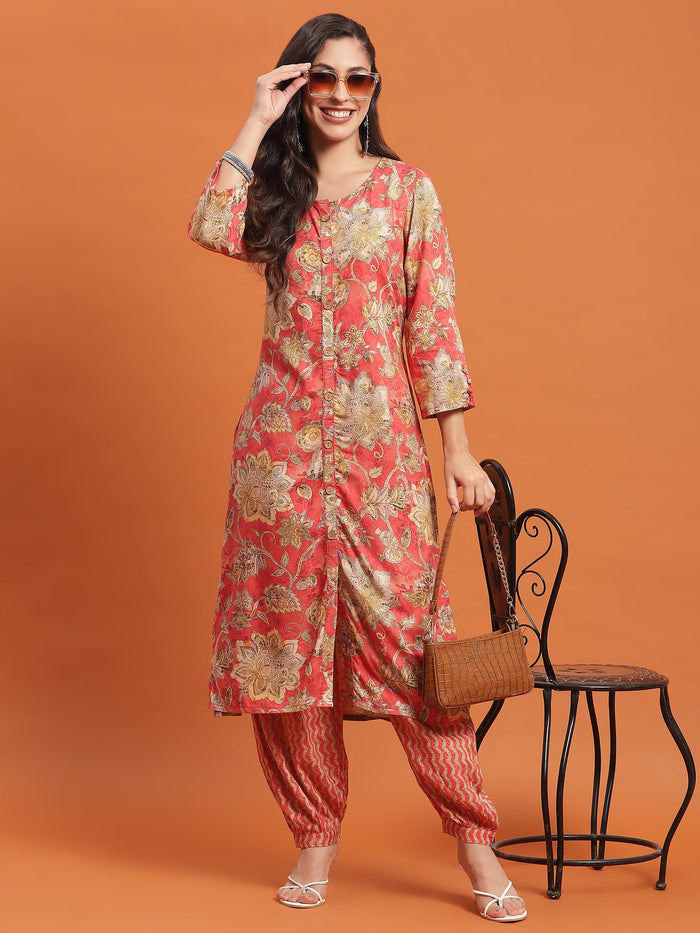 Women Red Floral Print Kurta With Harem Pant.
