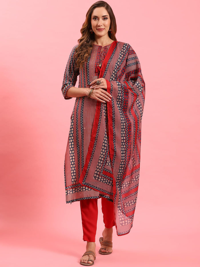 Women Red Geometric Printed Kurta Trouser Dupatta.