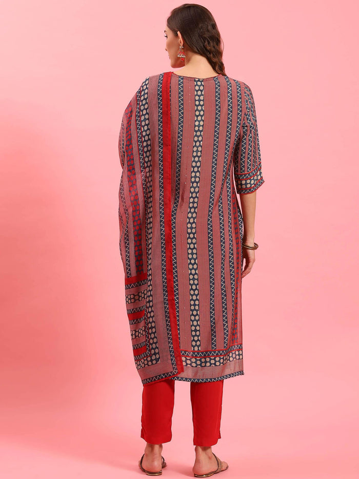 Women Red Geometric Printed Kurta Trouser Dupatta.