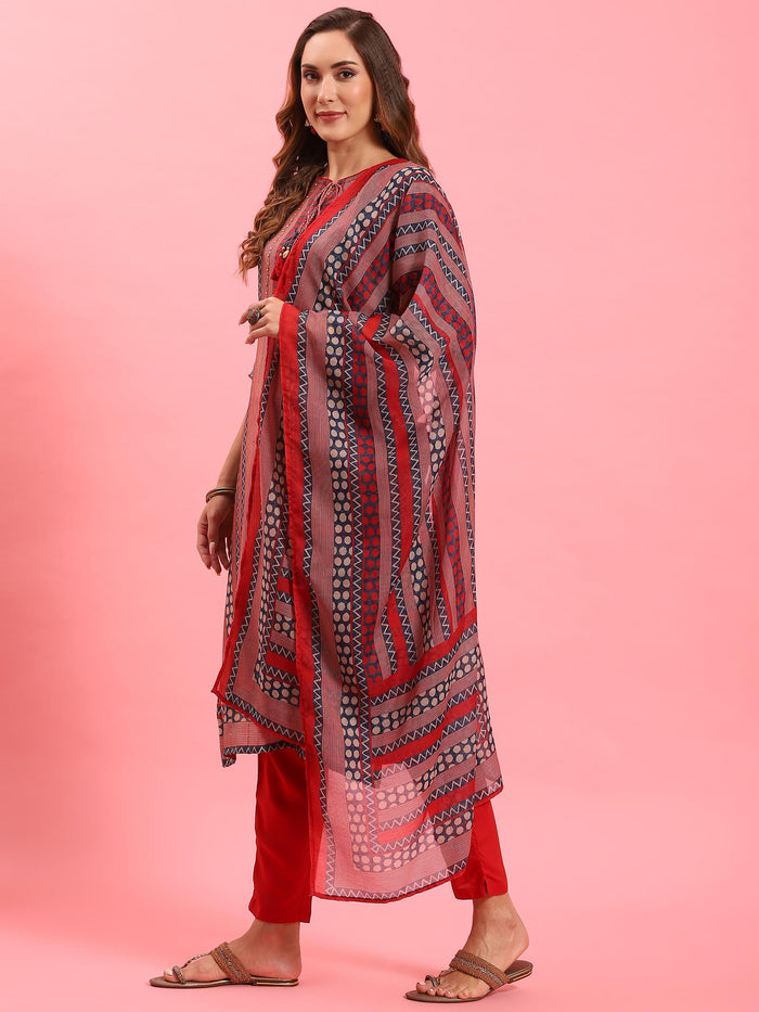 Women Red Geometric Printed Kurta Trouser Dupatta.