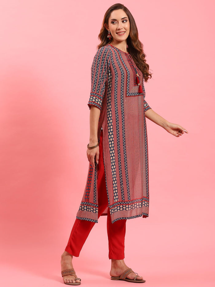 Women Red Geometric Printed Kurta Trouser Dupatta.