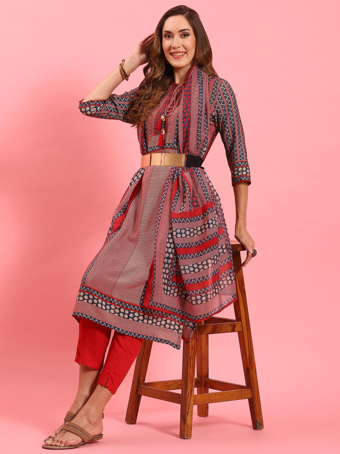 Women Red Geometric Printed Kurta Trouser Dupatta.