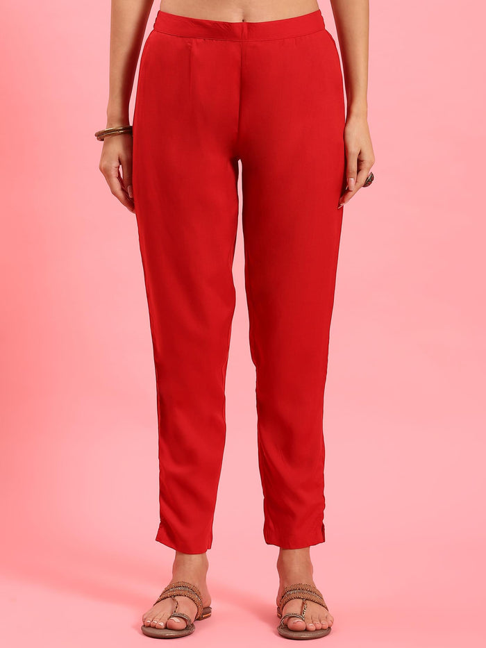 Women Red Geometric Printed Kurta Trouser Dupatta.