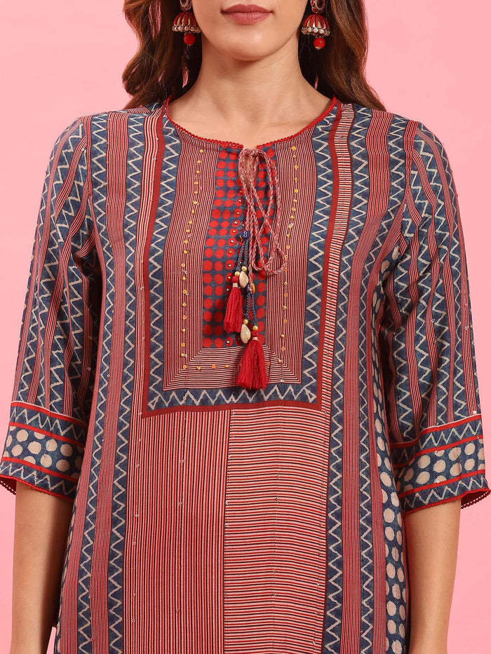 Women Red Geometric Printed Kurta Trouser Dupatta.