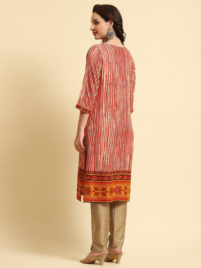Women Red Stripe Printed Kurta.