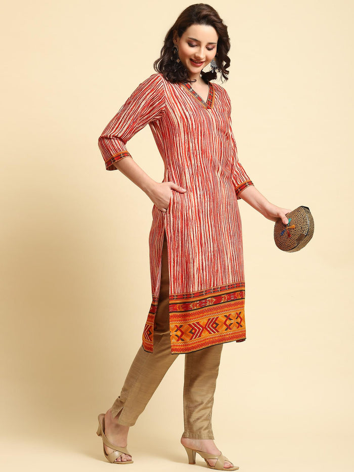 Women Red Stripe Printed Kurta.