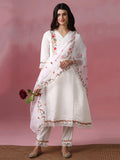 Women Roman Silk Blend Off White Embroidered Kurta Comfort Pant Dupatta.