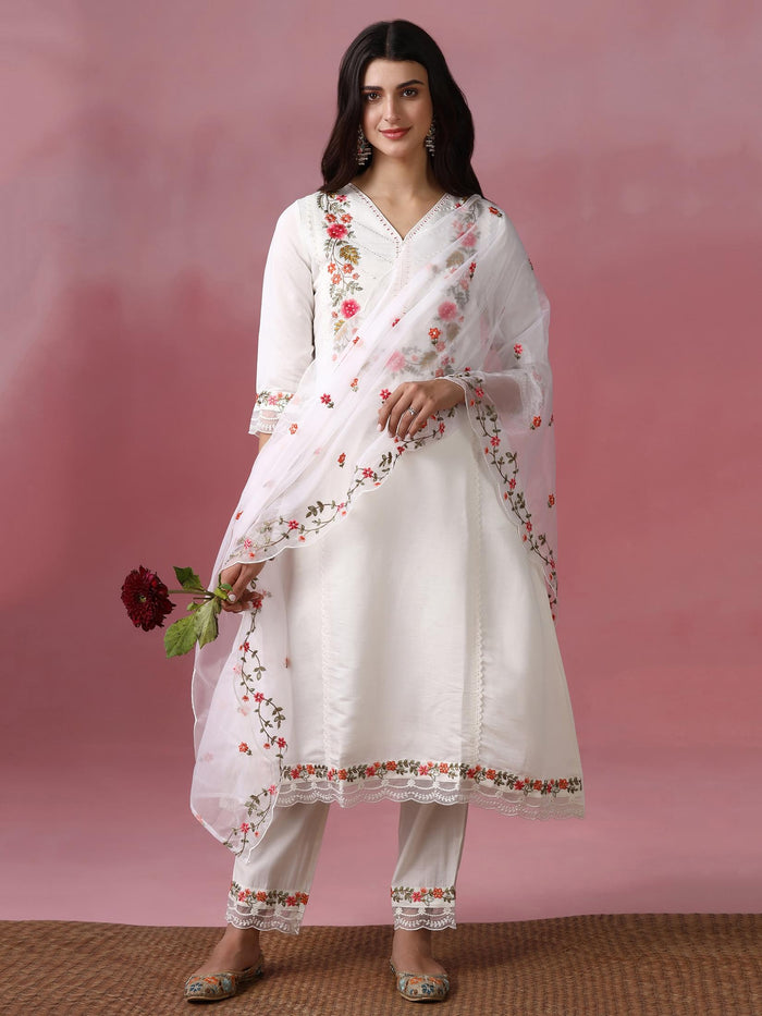 Women Roman Silk Blend Off White Embroidered Kurta Comfort Pant Dupatta.