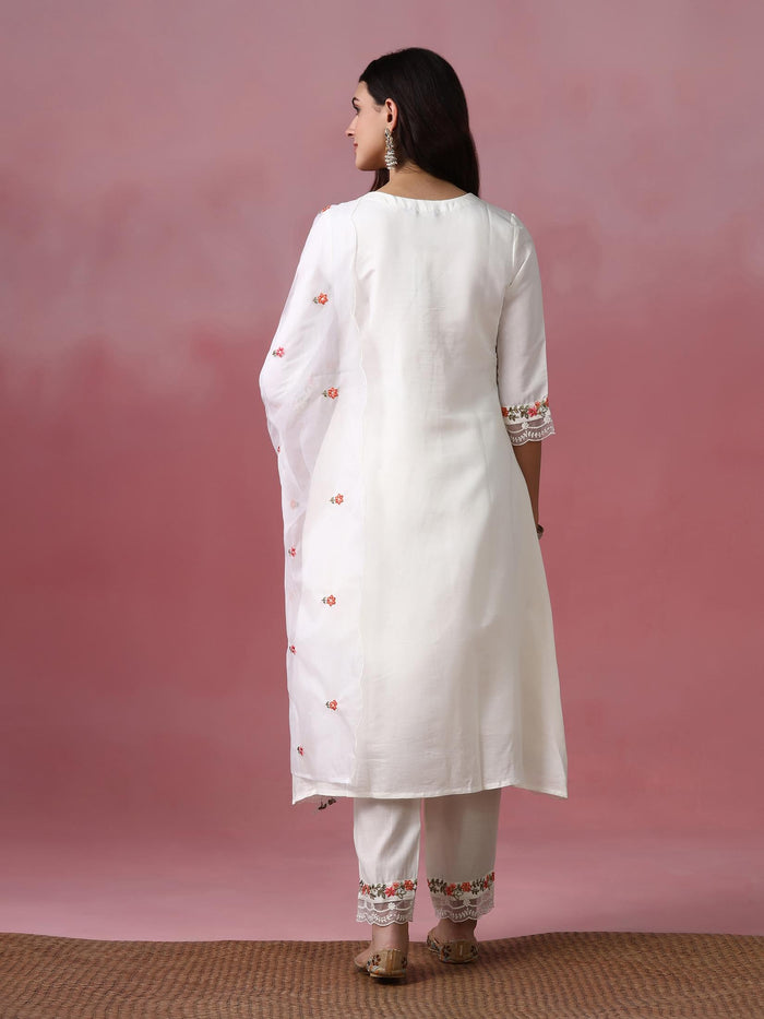 Women Roman Silk Blend Off White Embroidered Kurta Comfort Pant Dupatta.