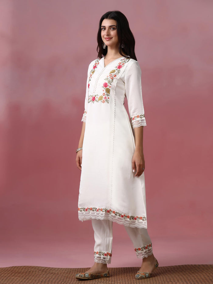 Women Roman Silk Blend Off White Embroidered Kurta Comfort Pant Dupatta.