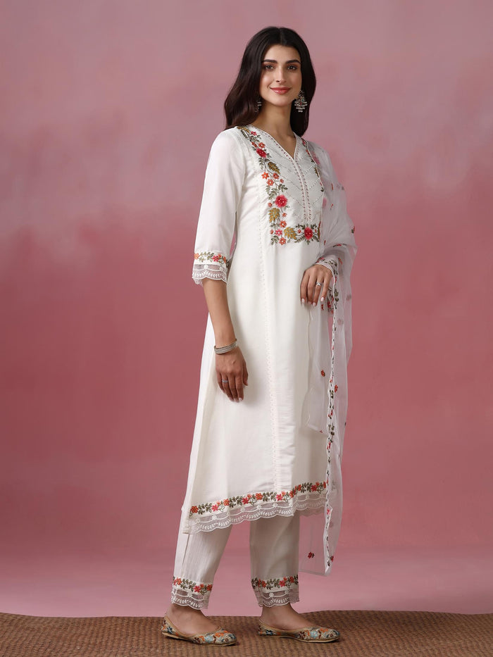 Women Roman Silk Blend Off White Embroidered Kurta Comfort Pant Dupatta.