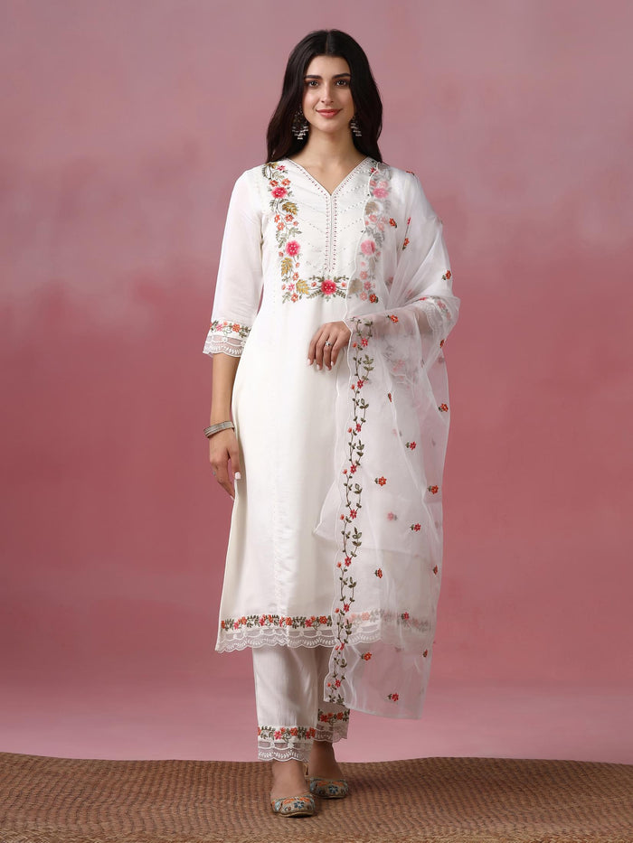 Women Roman Silk Blend Off White Embroidered Kurta Comfort Pant Dupatta.