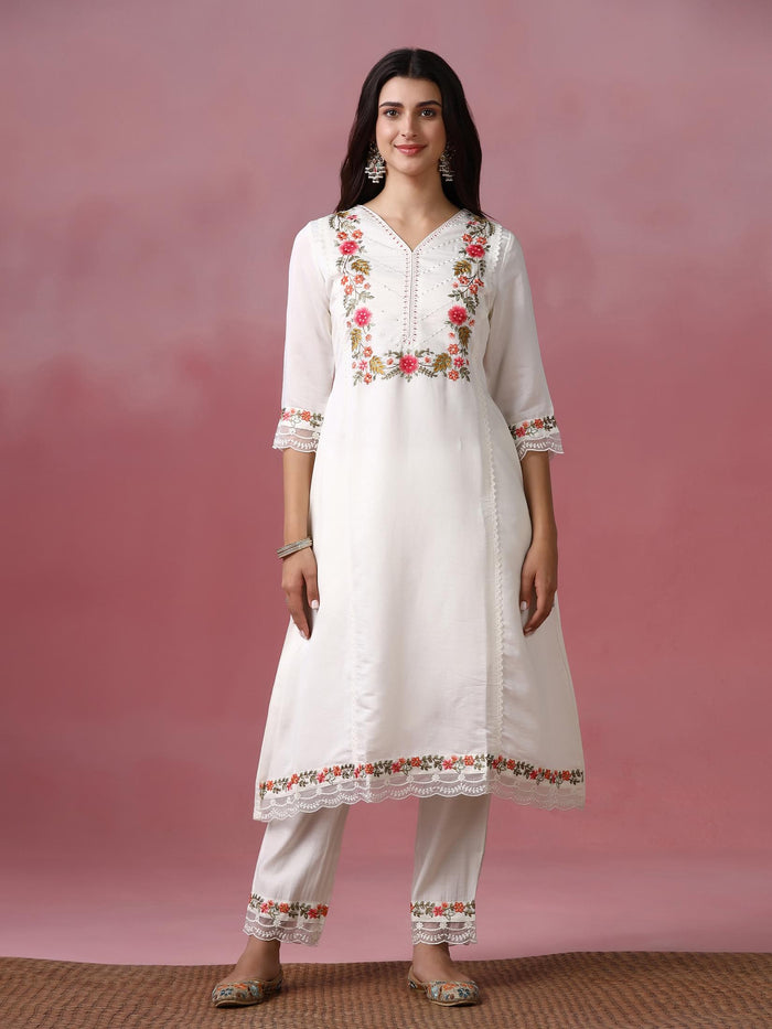 Women Roman Silk Blend Off White Embroidered Kurta Comfort Pant Dupatta.