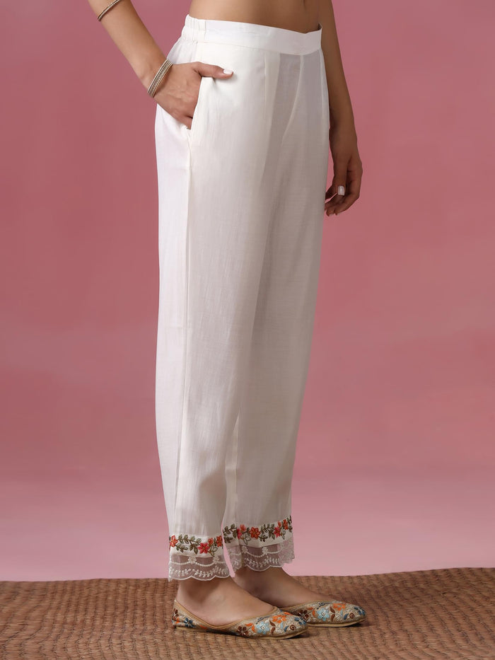 Women Roman Silk Blend Off White Embroidered Kurta Comfort Pant Dupatta.