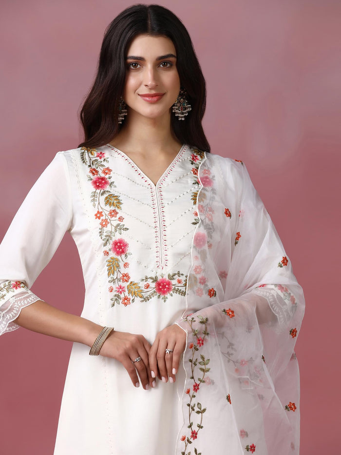 Women Roman Silk Blend Off White Embroidered Kurta Comfort Pant Dupatta.