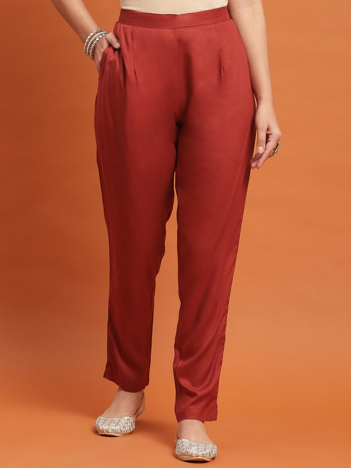 Women Rust Ornamental Print Kurta Trouser Dupatta.