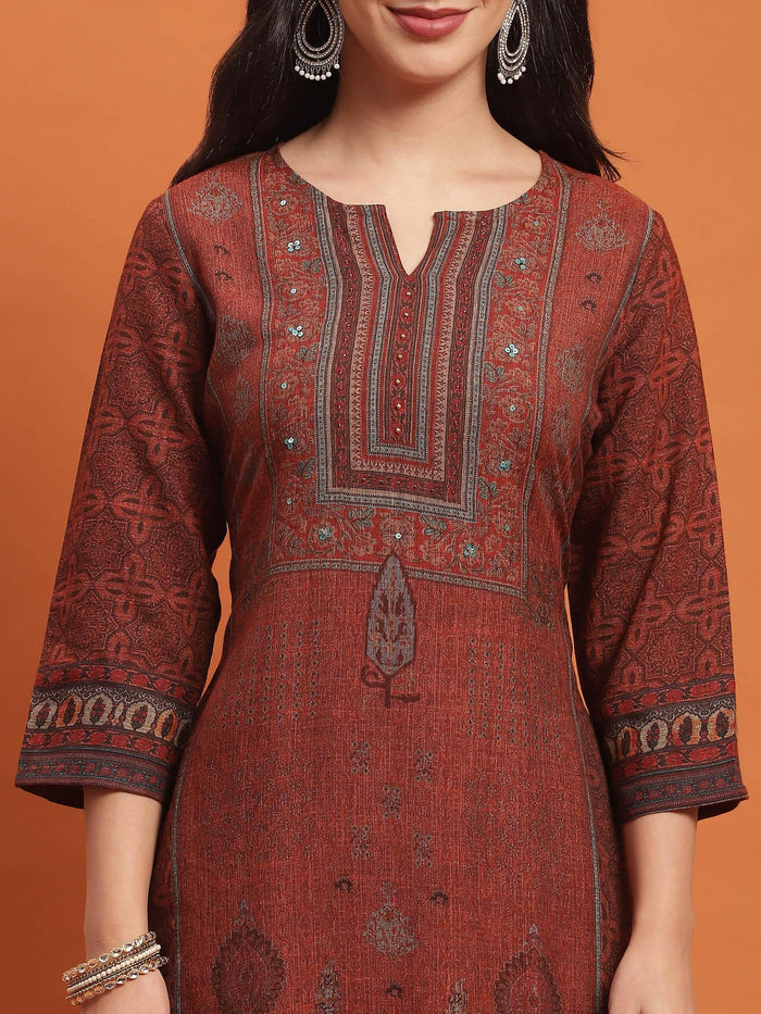 Women Rust Ornamental Print Kurta Trouser Dupatta.