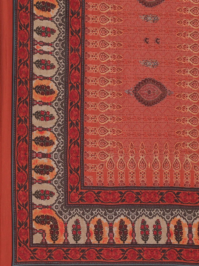 Women Rust Ornamental Print Kurta Trouser Dupatta.