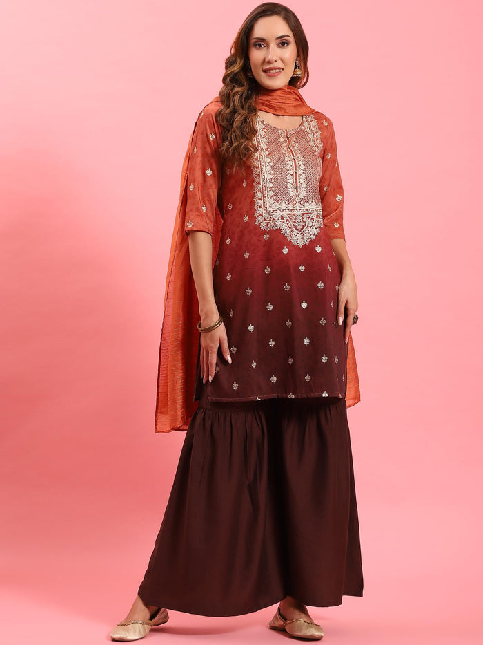 Women Rust Ornamental Printed Kurta Sharara Dupatta.