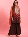 Women Rust Ornamental Printed Kurta Sharara Dupatta.