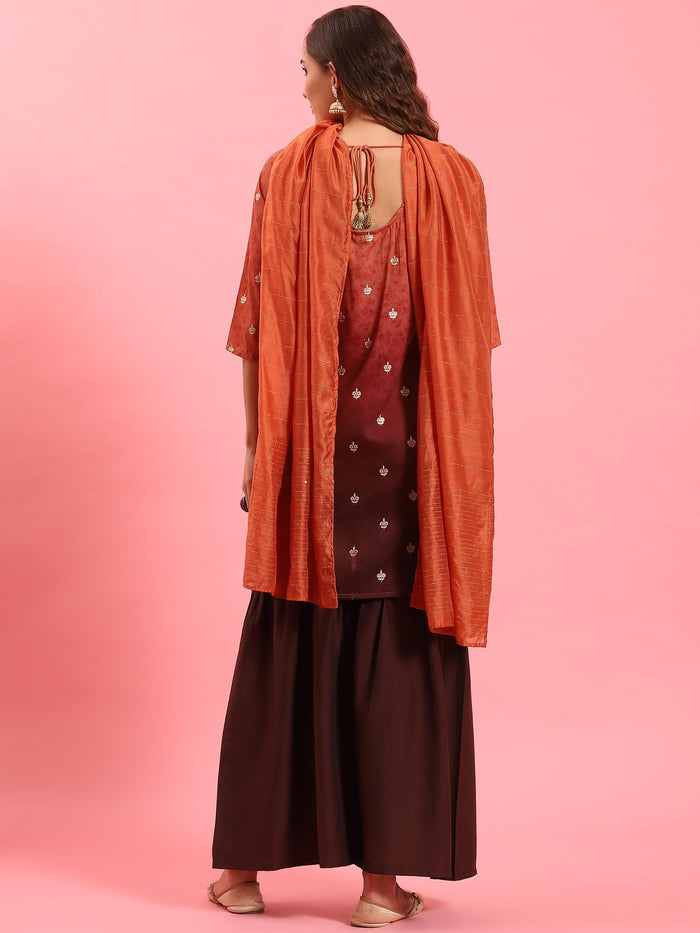 Women Rust Ornamental Printed Kurta Sharara Dupatta.