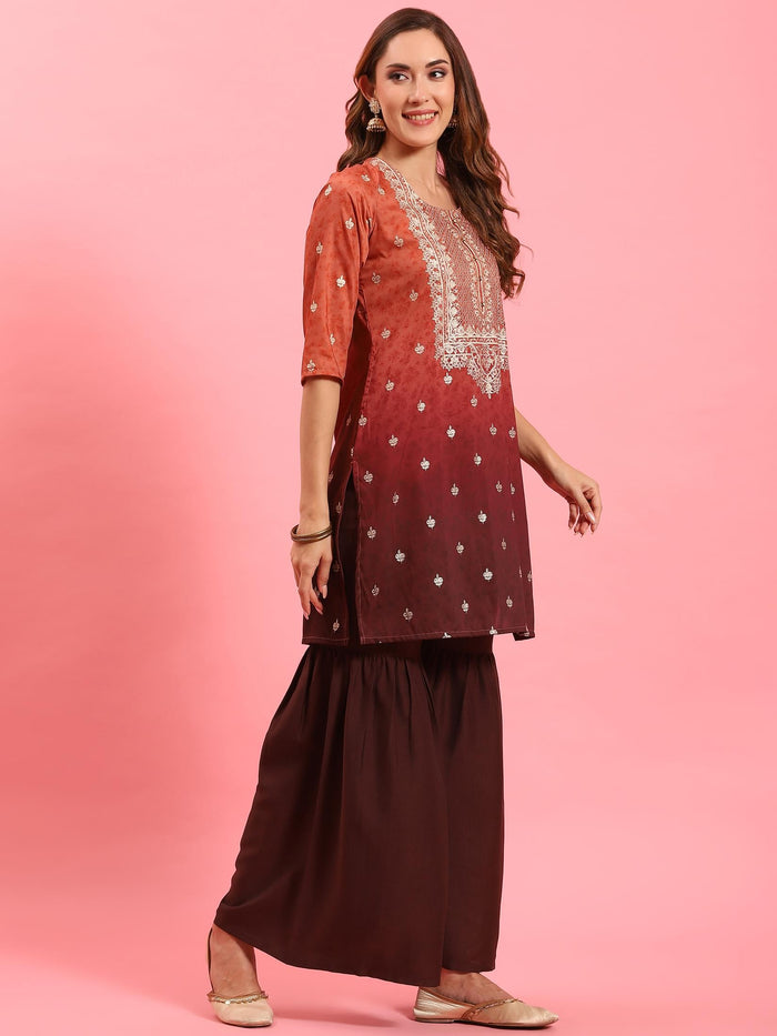 Women Rust Ornamental Printed Kurta Sharara Dupatta.