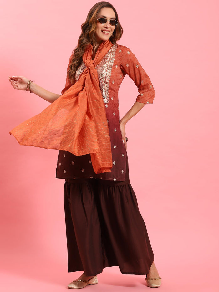 Women Rust Ornamental Printed Kurta Sharara Dupatta.