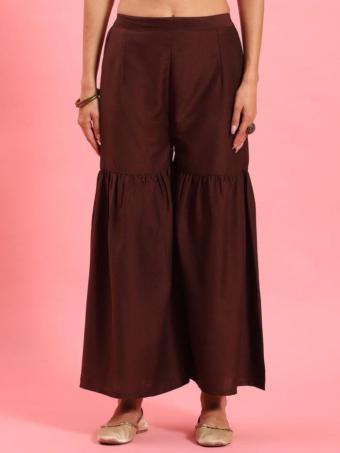 Women Rust Ornamental Printed Kurta Sharara Dupatta.