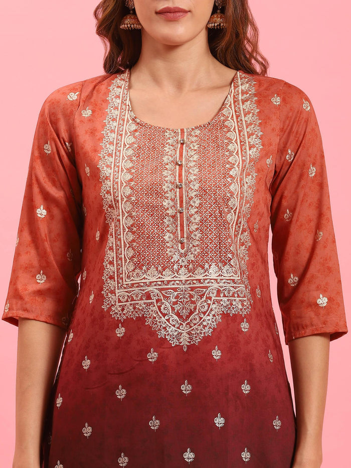 Women Rust Ornamental Printed Kurta Sharara Dupatta.