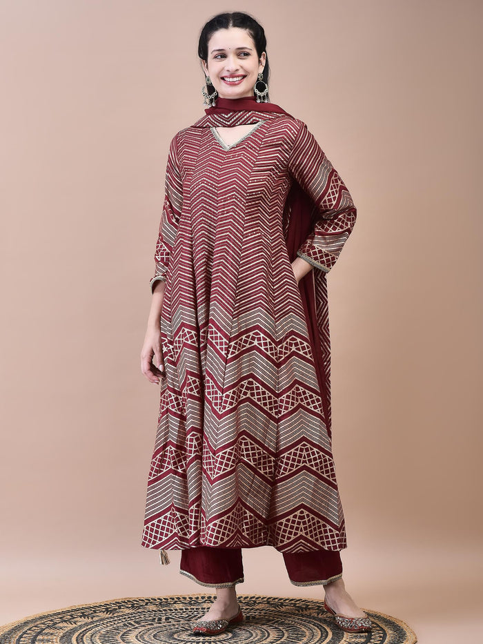 Women Samaira Maroon Geometric Print Kurta Comfort Pant Dupatta.