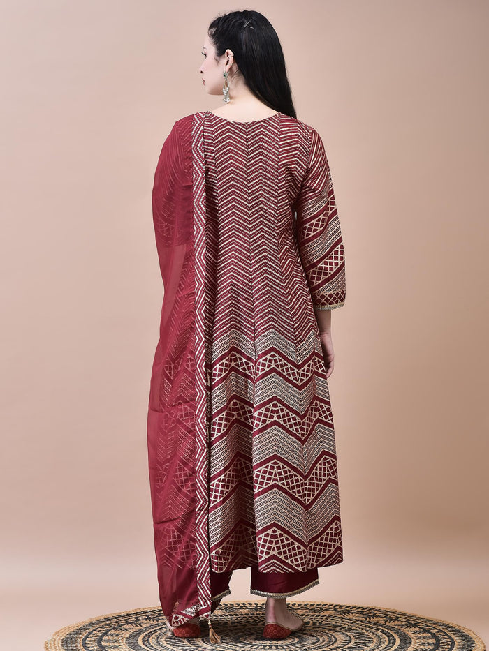 Women Samaira Maroon Geometric Print Kurta Comfort Pant Dupatta.