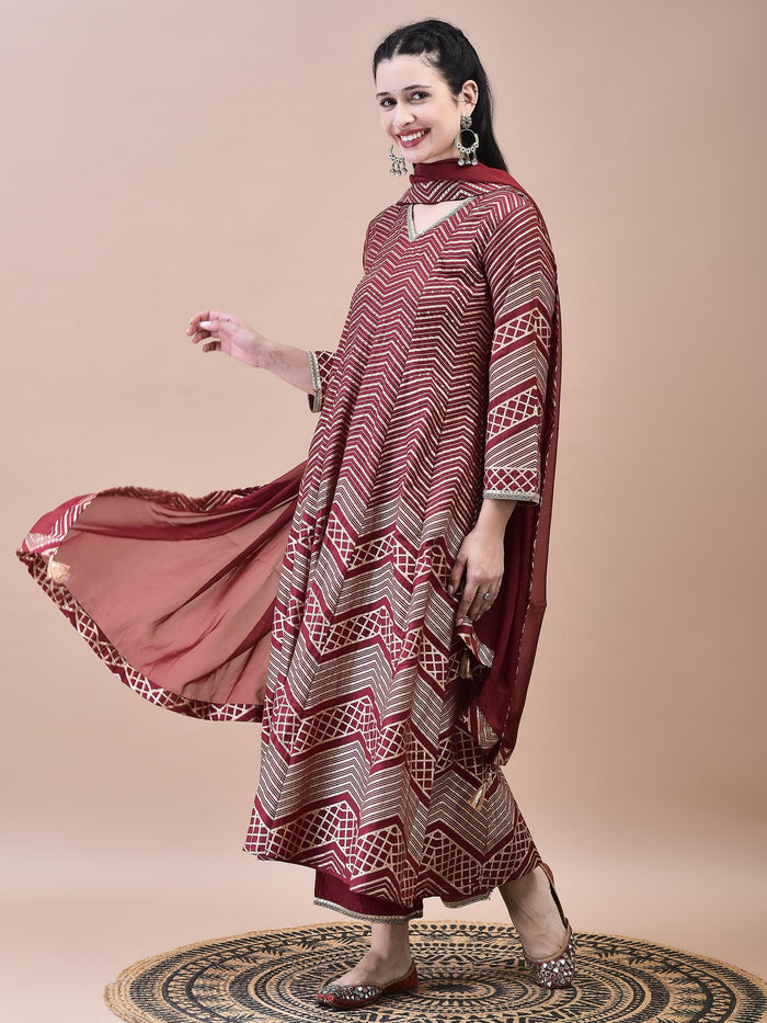 Women Samaira Maroon Geometric Print Kurta Comfort Pant Dupatta.
