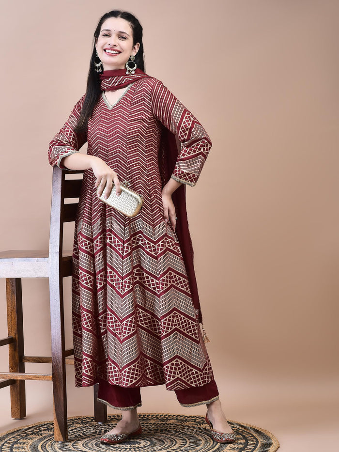Women Samaira Maroon Geometric Print Kurta Comfort Pant Dupatta.