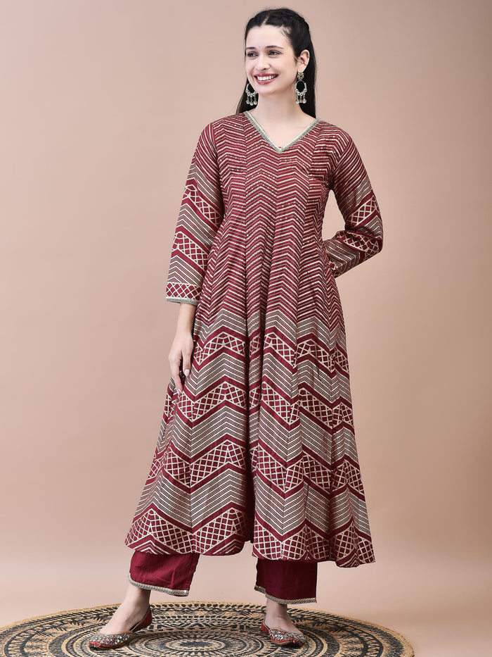 Women Samaira Maroon Geometric Print Kurta Comfort Pant Dupatta.