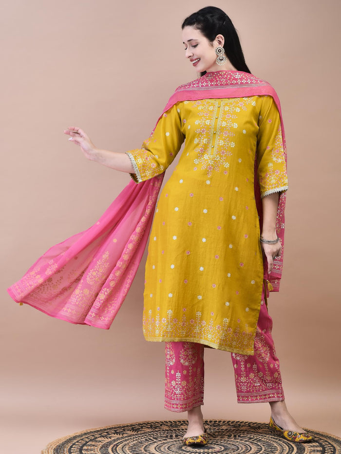 Women Samaira Mustard Ornamental Print Kurta Comfort Pant Dupatta.