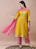 Women Samaira Mustard Ornamental Print Kurta Comfort Pant Dupatta.