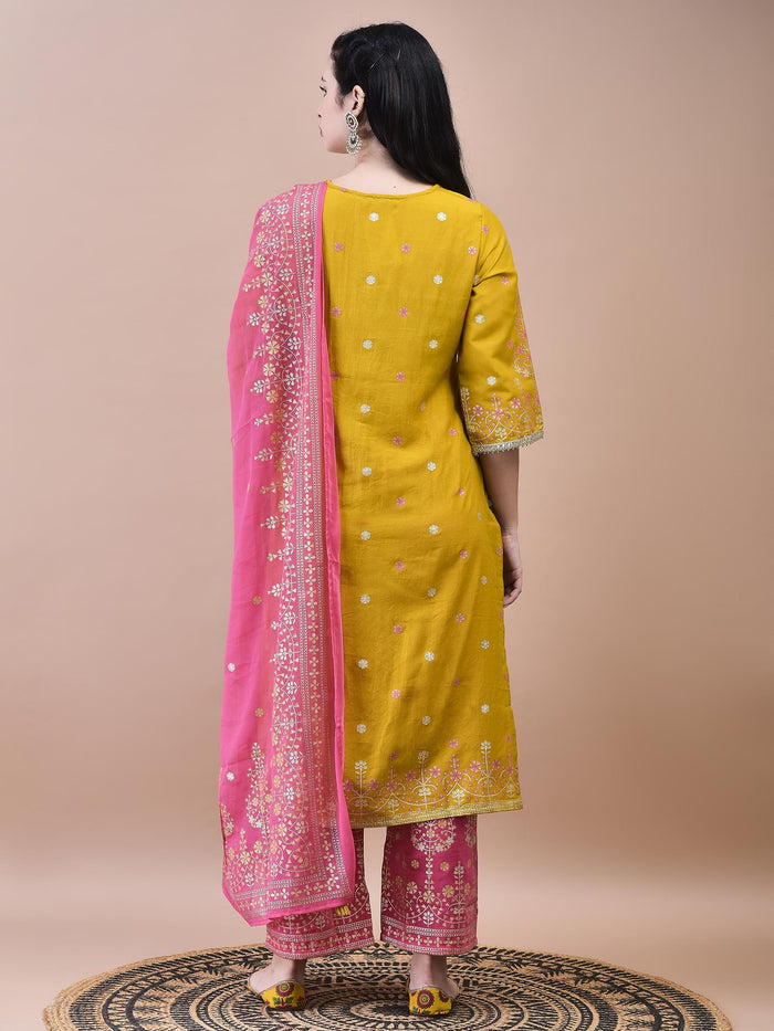 Women Samaira Mustard Ornamental Print Kurta Comfort Pant Dupatta.