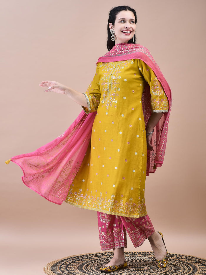 Women Samaira Mustard Ornamental Print Kurta Comfort Pant Dupatta.