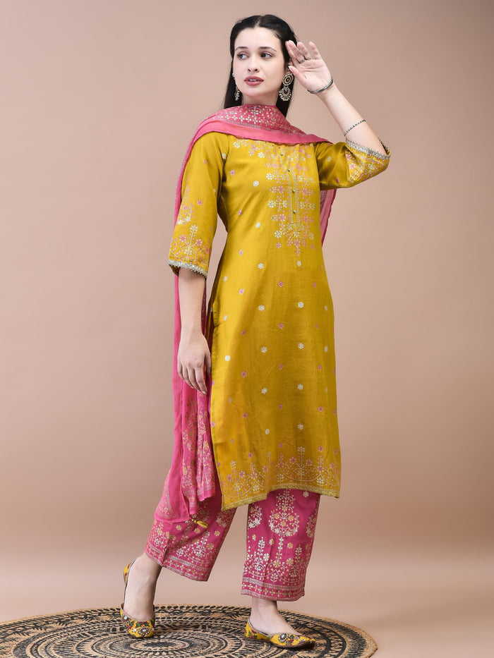 Women Samaira Mustard Ornamental Print Kurta Comfort Pant Dupatta.