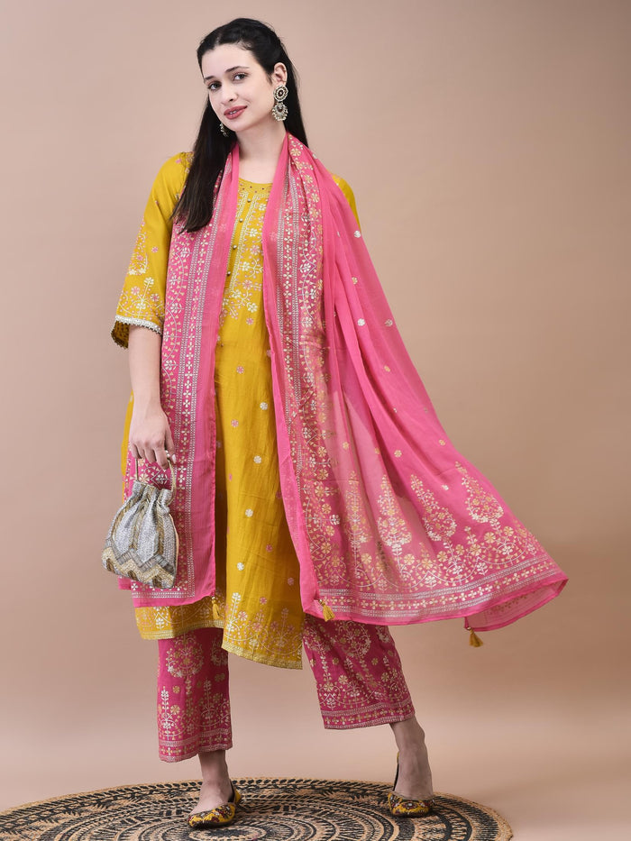 Women Samaira Mustard Ornamental Print Kurta Comfort Pant Dupatta.