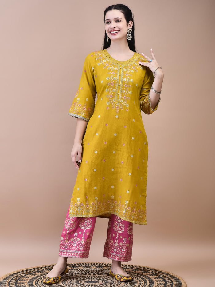 Women Samaira Mustard Ornamental Print Kurta Comfort Pant Dupatta.