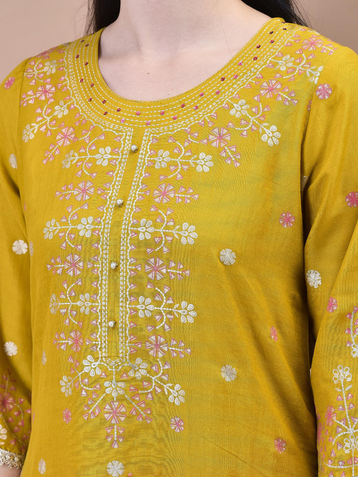 Women Samaira Mustard Ornamental Print Kurta Comfort Pant Dupatta.