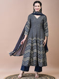 Women Samaira Navy Blue Geometric Print Kurta Comfort Pant Dupatta.