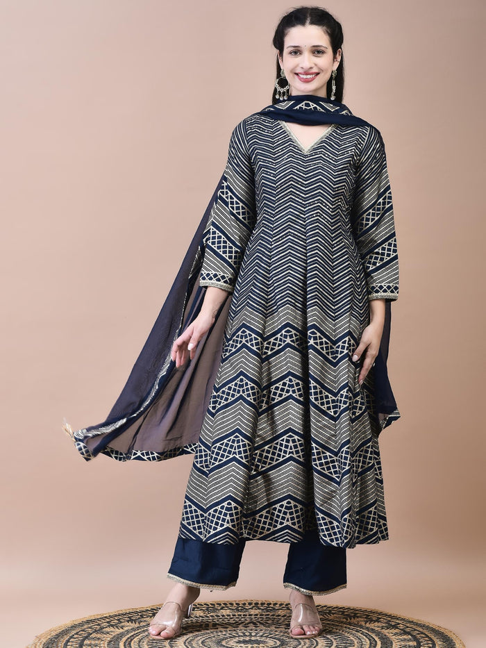 Women Samaira Navy Blue Geometric Print Kurta Comfort Pant Dupatta.