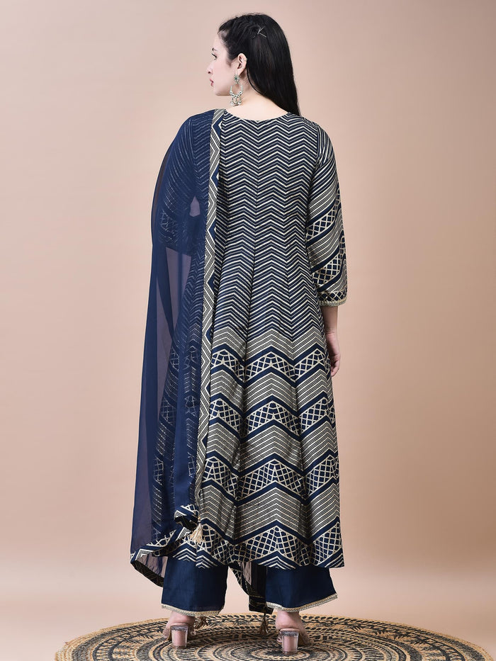Women Samaira Navy Blue Geometric Print Kurta Comfort Pant Dupatta.